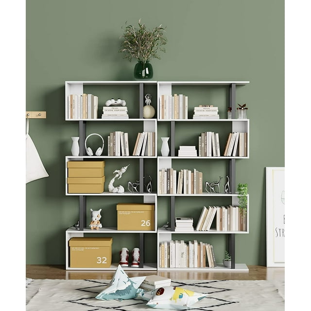 HOMEFORT 5-Tier Geometric Bookcase,S Shaped Bookshelf, Wood Decorative Storage Shelving, Modern Freestanding Display Shelves, Tall Book Shelf Unit for Living Room Bedroom
