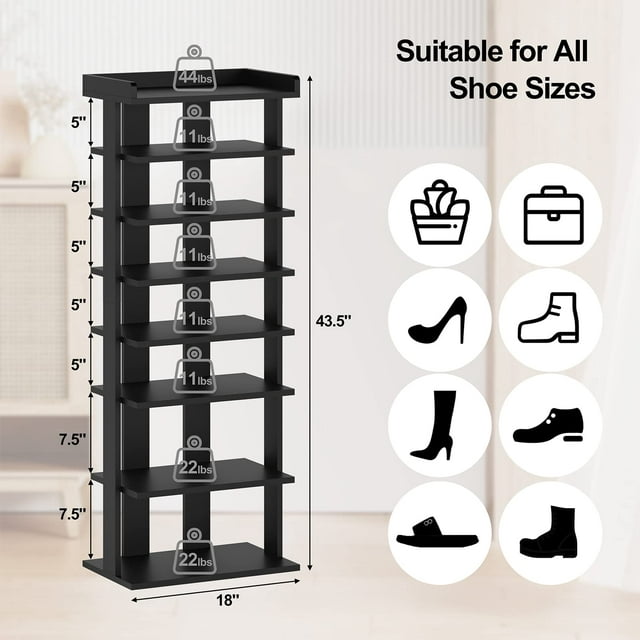 Yusong 8-Tier Shoe Rack, Entryway Shoe Tower,Vertical Shoe Organizer, Wooden Shoe Storage Stand, 16 Pairs of Shoes(Black)