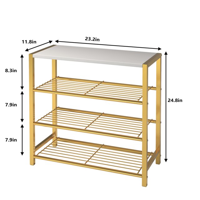 Yusong Shoe Rack, 4 Tier Shoe Organizer Storage for Closet Entryway, Narrow Slim Metal Shoe Shelves with Industrial Wooden Top, Gold and White