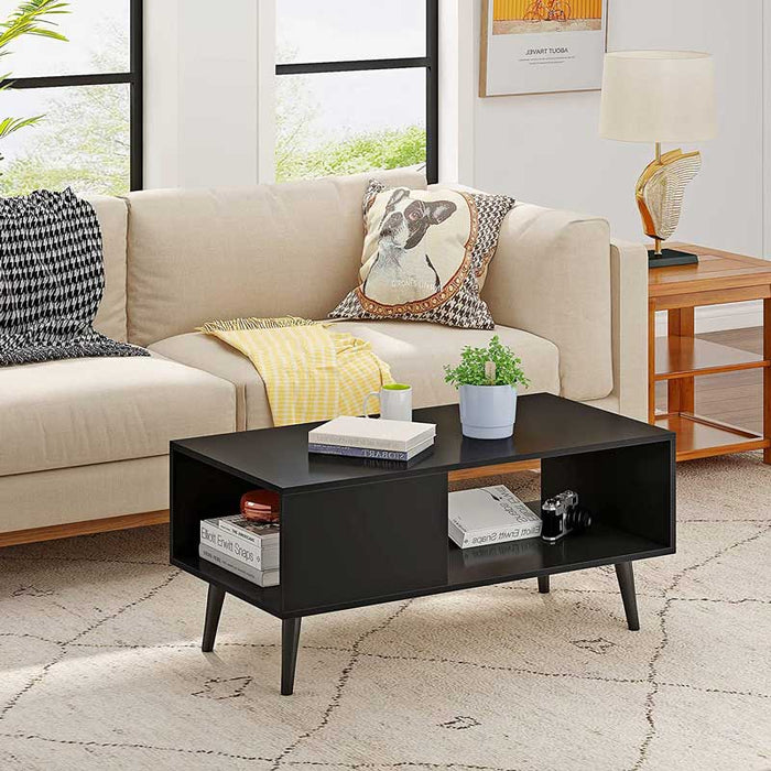 HOMEFORT Wooden Coffee Table, Mid-Century Accent Table, Vintage Sofa Table with storage shelf